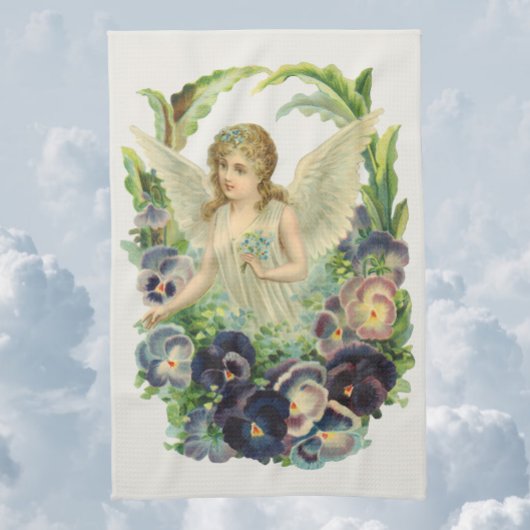 Victoriaans Paasengel met Paarse Pansy Flowers Theedoek