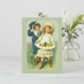Victoriaans paaskinderen en kippen in Pinafore Feestdagenkaart (Staand voorkant)