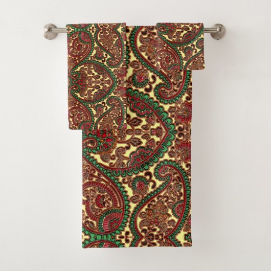 Victoriaans paisleypatroon elegant rood groen goud bad handdoek (Insitu)