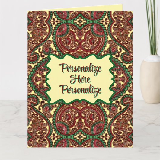 Victoriaans paisleypatroon elegant rood groen goud kaart (Voorkant)