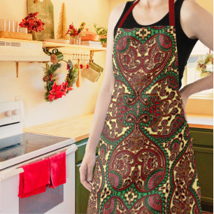 Victoriaans paisleypatroon elegant rood groen goud schort