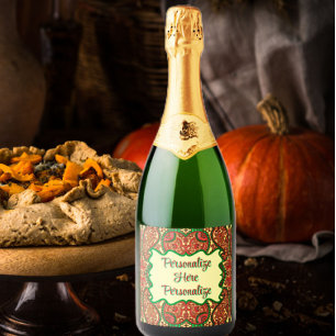 Victoriaans paisleypatroon elegant rood groen goud sparkling wijnetiket