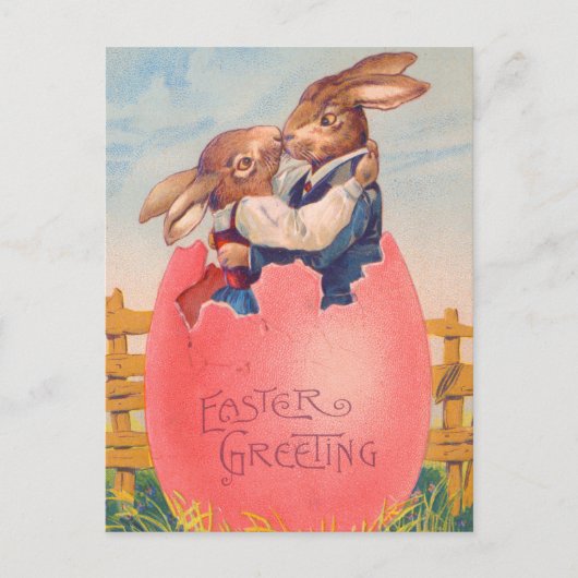  Victoriaans Pasen Groet Twee Konijntjes Kus Briefkaart (Voorkant)
