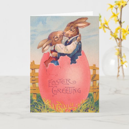  Victoriaans Pasen Groet Twee Konijntjes Kus Kaart (Gele Bloem)