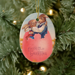 Victoriaans Pasen Groet Twee Konijntjes Kus Keramisch Ornament