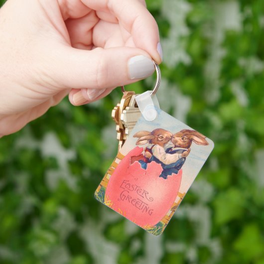 Victoriaans Pasen Groet Twee Konijntjes Kus Sleutelhanger (Hand)