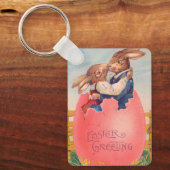 Victoriaans Pasen Groet Twee Konijntjes Kus Sleutelhanger (Voorkant)