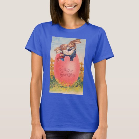  Victoriaans Pasen Groet Twee Konijntjes Kus T-shirt (Voorkant)