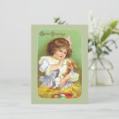 Victoriaans Pasen Kaart Meisje & Konijn & Nest van (Staand voorkant)