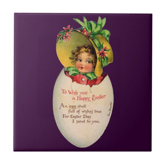 Victoriaans Pasen,  Meisje met Bonnet in Egg Tegeltje (Voorkant)