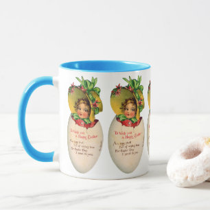 Victoriaans Pasen, Vintage meisje met hoed in ei Mok
