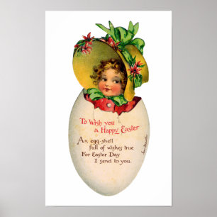 Victoriaans Pasen, Vintage meisje met hoed in ei Poster