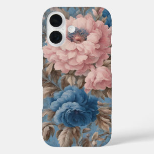 Victoriaans pastelblauwe en roze bloesems iPhone 16 hoesje