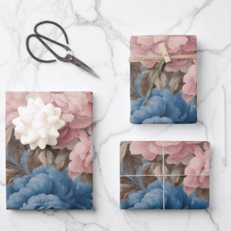 Victoriaans pastelblauwe en roze bloesems inpakpapier vel