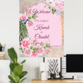 Victoriaans pauw en roze rozen roze achtergrond poster (Thuiskantoor)