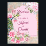 Victoriaans pauw en roze rozen roze achtergrond poster<br><div class="desc">Victoriaans pauw en roze rozen roze achtergrond welkom bord. Leuk voor de Indische bruiloft/receptie en andere functies.</div>