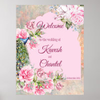 Victoriaans pauw en roze rozen roze achtergrond