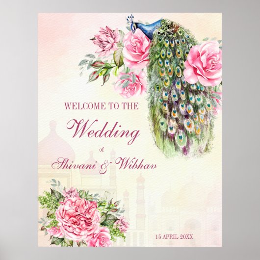 Victoriaans pauw  roze rozen welkom poster (Voorkant)