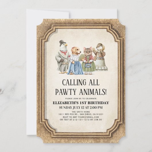  Victoriaans Pawty Animals Girl Birthday Kaart (Voorkant)