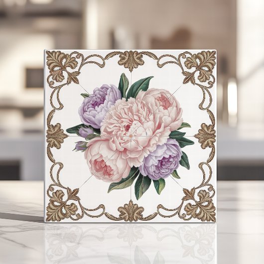 Victoriaans Peony Boeket met Gouden Scrollwork Tegeltje