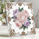 Victoriaans Peony Boeket met Gouden Scrollwork Tegeltje