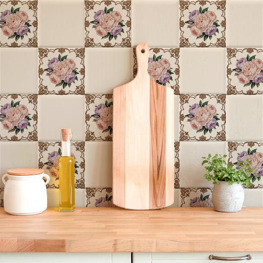 Victoriaans Peony Boeket met Gouden Scrollwork Tegeltje