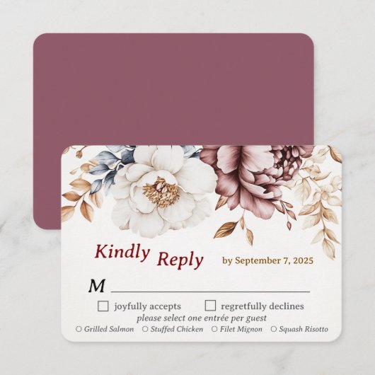 Victoriaans Peony Luxe bruiloft RSVP Kaart Maaltij (Voorkant / Achterkant)