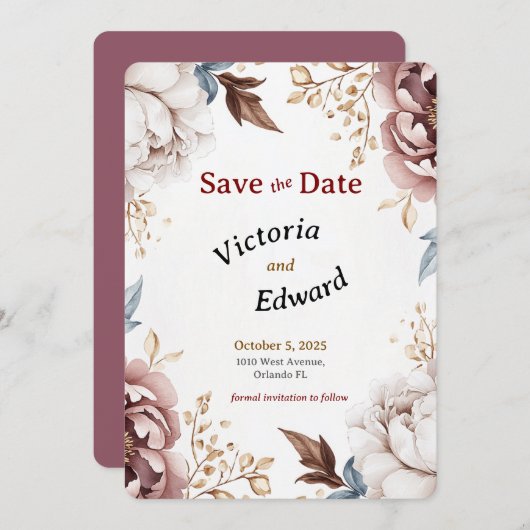 Victoriaans Peony Luxe bruiloft Save the Date Kaar Kaart (Voorkant / Achterkant)