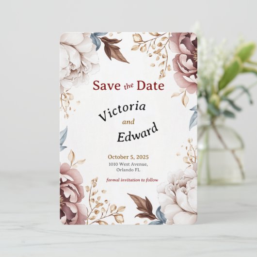 Victoriaans Peony Luxe bruiloft Save the Date Kaar Kaart (Staand voorkant)