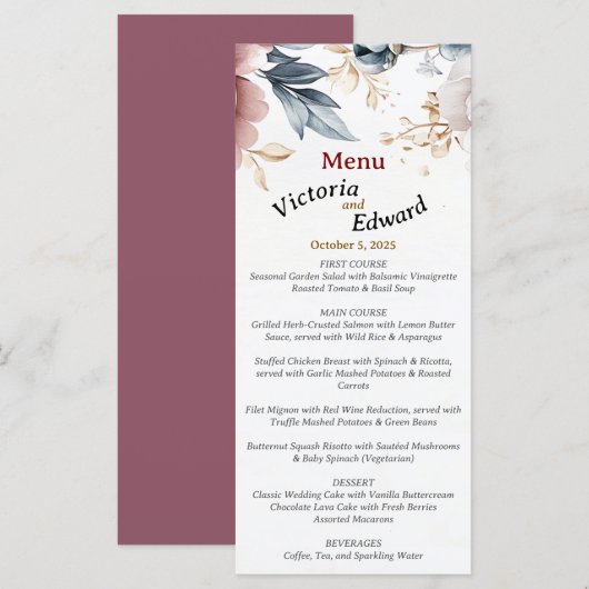 Victoriaans Peony Luxe Wedding Menu Kaart (Voorkant / Achterkant)