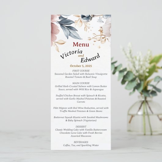 Victoriaans Peony Luxe Wedding Menu Kaart (Staand voorkant)