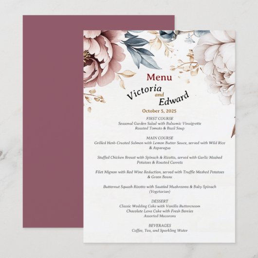 Victoriaans Peony Luxe Wedding Menu Kaart 5 "x7" (Voorkant / Achterkant)