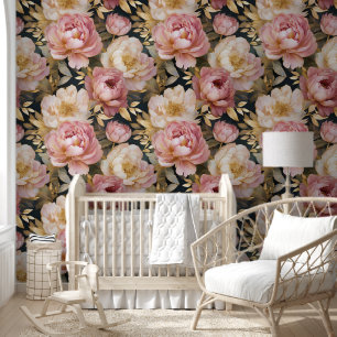 Victoriaans pioenroos roze witte bloem geschetst i behang