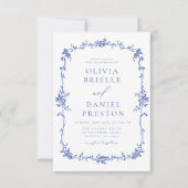 Victoriaans  QR Code Blauw Bloemen Bruiloft Kaart (Voorkant)