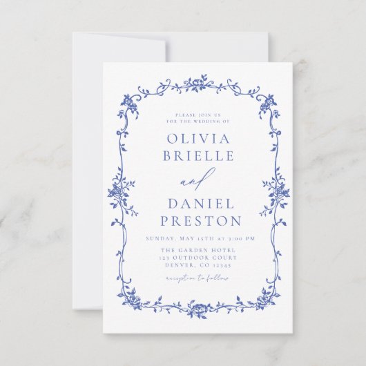 Victoriaans  QR Code Blauw Bloemen Bruiloft Kaart (Voorkant)