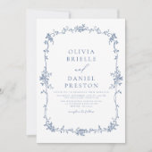 Victoriaans  QR Code Blauw Bloemen Bruiloft Kaart (Voorkant)