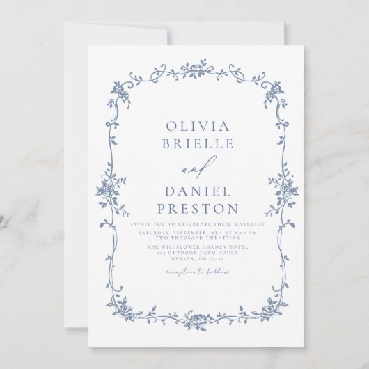 Victoriaans  QR Code Blauw Bloemen Bruiloft Kaart (Voorkant)