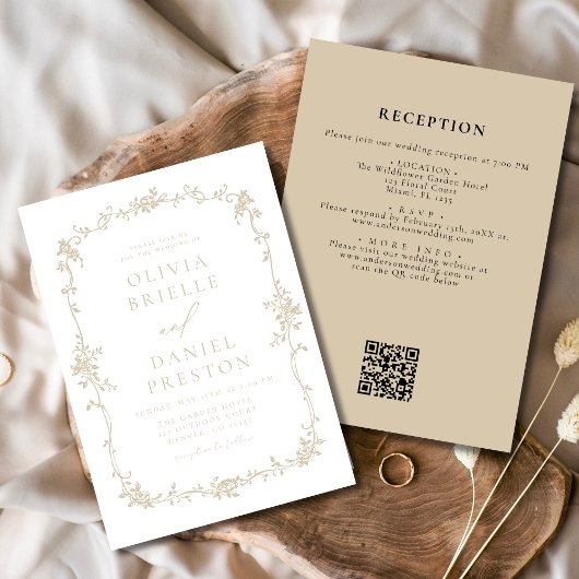Victoriaans  QR Code Goud Bloemen Huwelijk Kaart