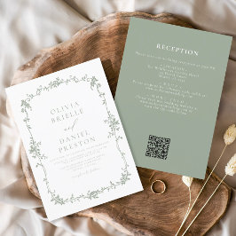 Victoriaans  QR Code Sage Green Wedding Kaart