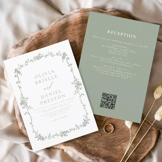Victoriaans  QR Code Sage Green Wedding Kaart