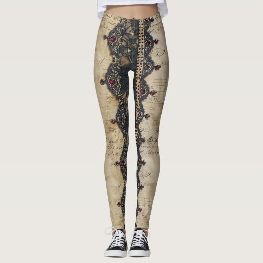 Victoriaans Robijn Kant Gotisch Patroon (4) Leggings (Voorkant)