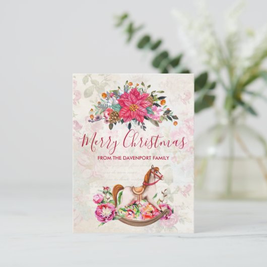 Victoriaans Rocking Horse en Poinsettia Kerstmis Briefkaart (Staand voorkant)