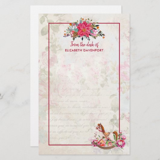 Victoriaans Rocking Horse en Poinsettia Kerstmis Briefpapier (Voorkant / Achterkant)