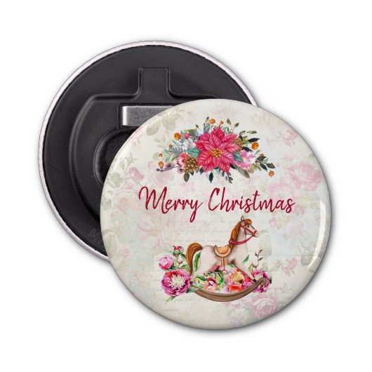 Victoriaans Rocking Horse en Poinsettia Kerstmis Button Flesopener (Voorkant)
