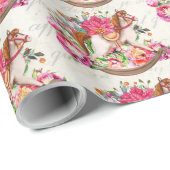 Victoriaans Rocking Horse en Poinsettia Kerstmis Cadeaupapier (Rol Hoek)