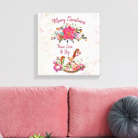 Victoriaans Rocking Horse en Poinsettia Kerstmis Canvas Afdruk (Insitu (Woonkamer))