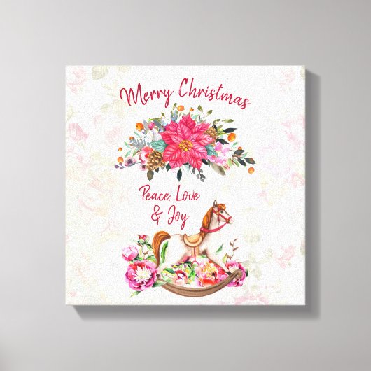 Victoriaans Rocking Horse en Poinsettia Kerstmis Canvas Afdruk (Voorkant)