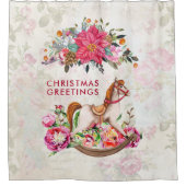 Victoriaans Rocking Horse en Poinsettia Kerstmis Douchegordijn (Voorkant)