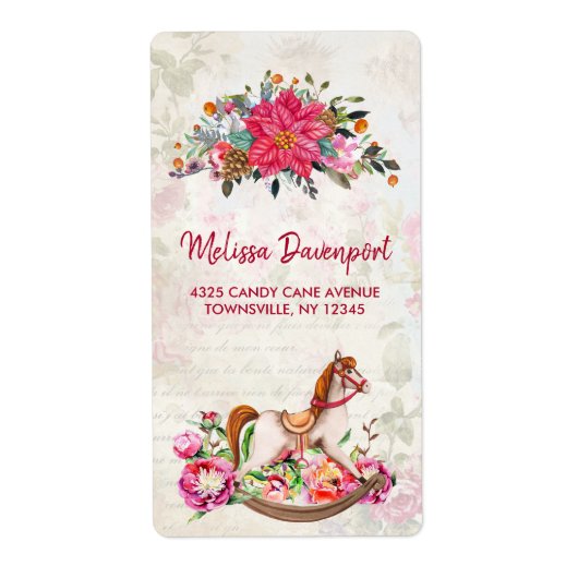 Victoriaans Rocking Horse en Poinsettia Kerstmis Etiket (Voorkant)