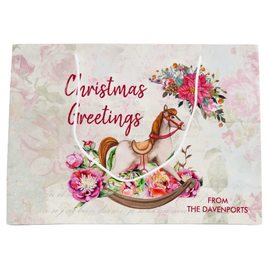 Victoriaans Rocking Horse en Poinsettia Kerstmis Groot Cadeauzakje (Voorkant)